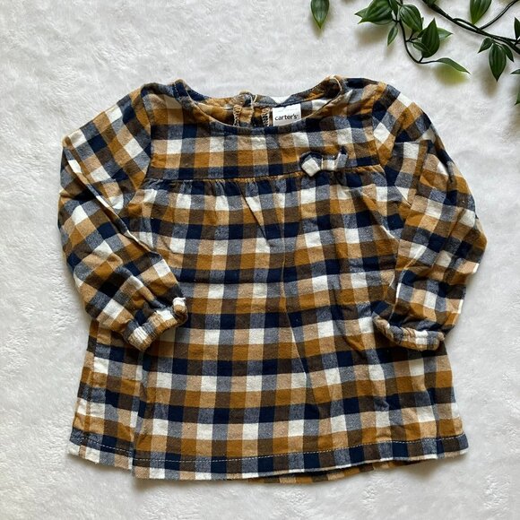 Carter’s Mustard Navy Plaid Shirt 9M 100% Cotton Infant Baby Girls Top Fall - Picture 1 of 16